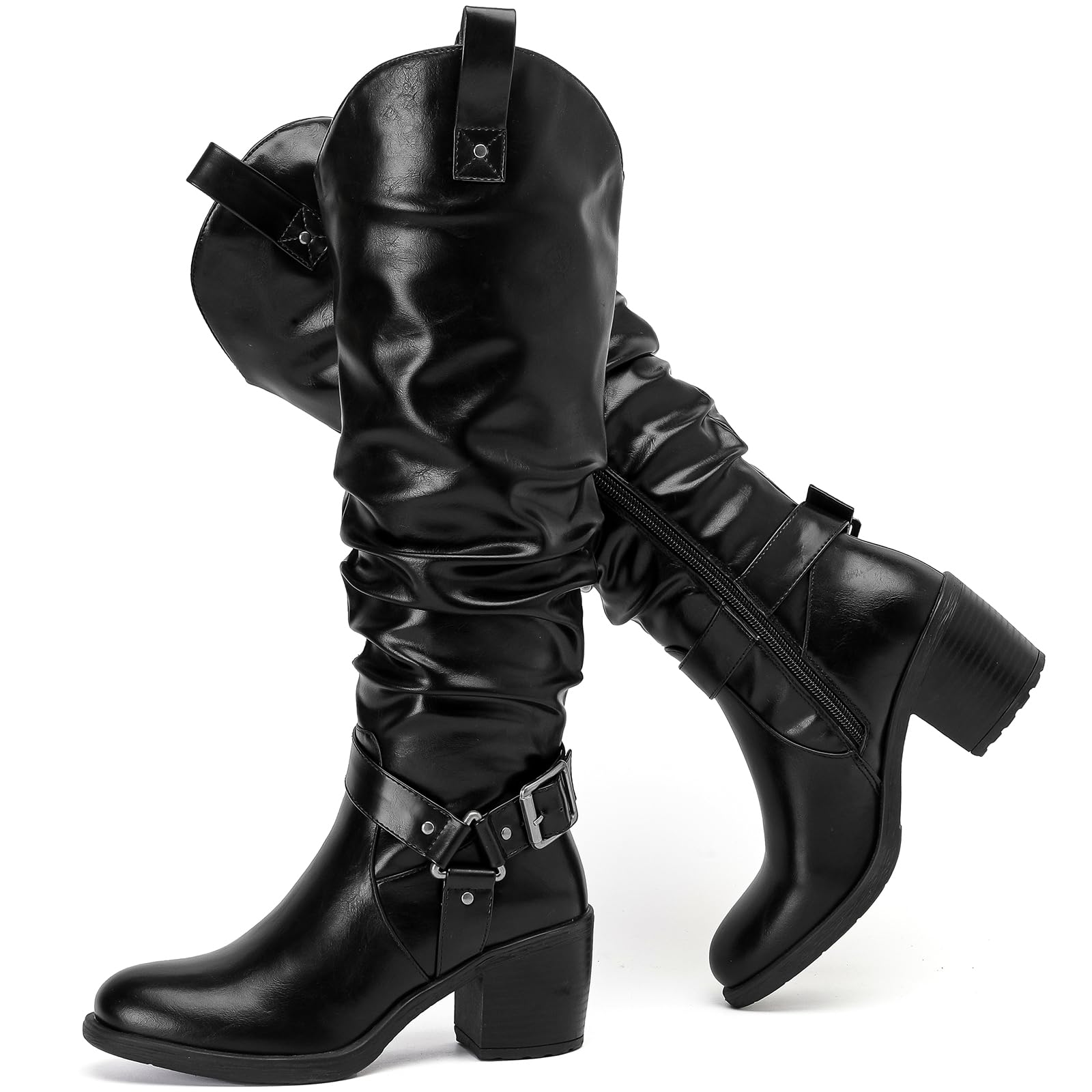 Women's Slouchy Knee High Boots with Chunky Heel, Pointed Toe, Comfortable and Fashionable Fall Winter Boots for Women.